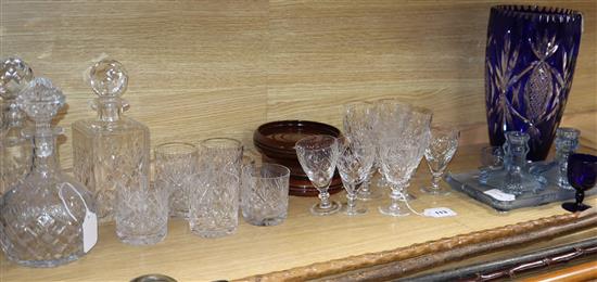 A part suite of Webb & Corbett table glassware, three decanters, a matched dressing table set and sundry items, tallest 23cm